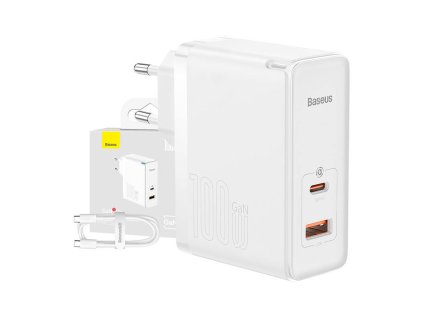 Sieťová nabíjačka Baseus GaN5 Pro, USB-C + USB, 100 W + kábel (biela)