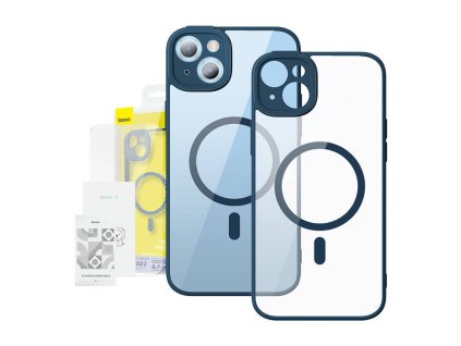 Baseus Frame Transparentný magnetický kryt a sada tvrdeného skla pre iPhone 14 Plus (modrý)