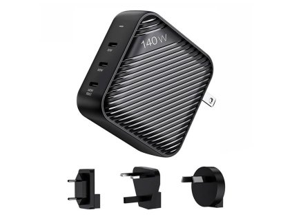 Wall charger INVZI GanHub 3x USB-C, 140W, EU/UK/AU/US (black)