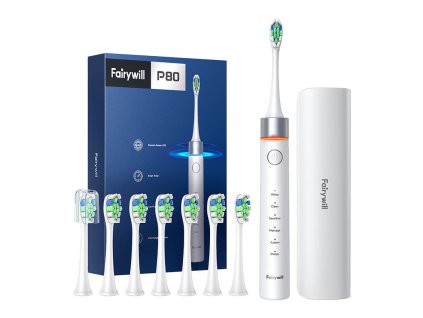 FairyWill FW-P80 sonic toothbrush with tip set and case (White)