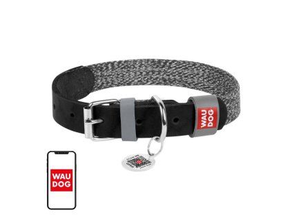 Dog collar made of natural leather and recycled material with QR code Waudog size L, width 25 mm, black