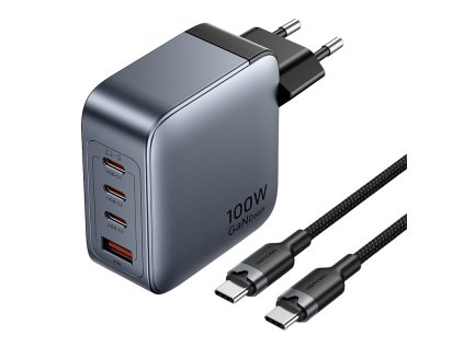 Sieťová nabíjačka Vention 3x USB-C, 1x USB-A, (100W/100W/30W/30W) (sivá) s káblom USB-C na USB-C (1m) (čierna)