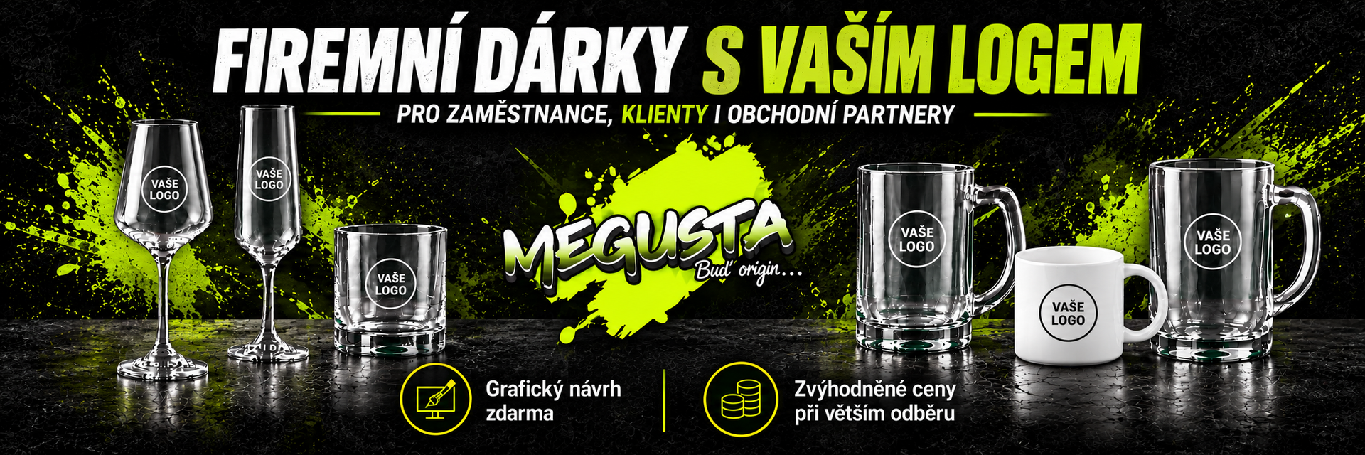 Firemní dárky s vlastním logem – gravírované sklenice, půllitry a hrnky...