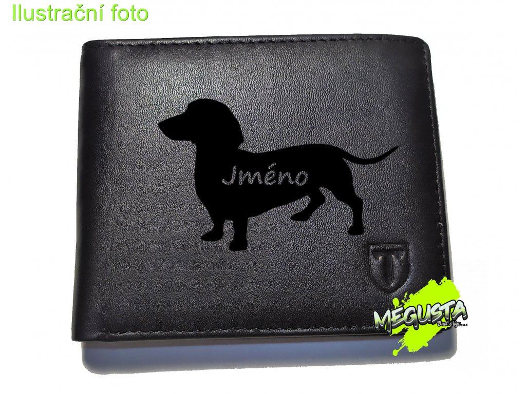Pánská kožená peněženka černá se psem Jezevčík - volitelné jméno psa