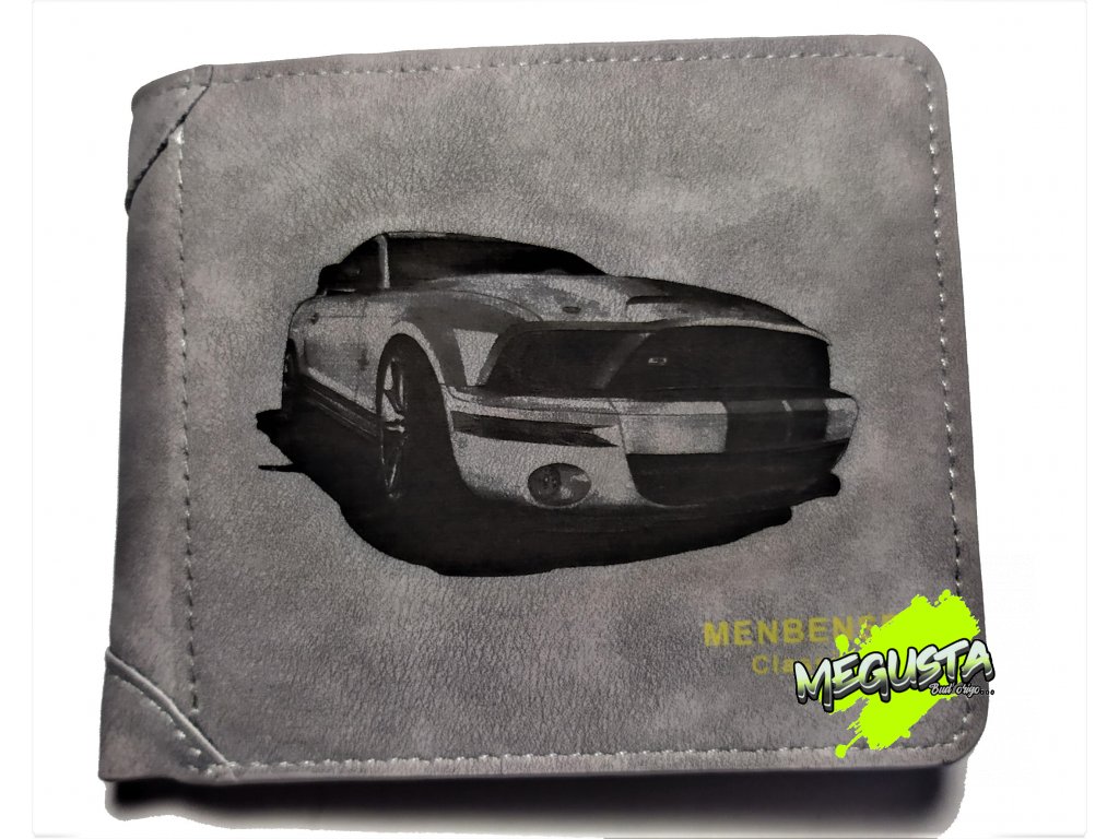 Pánska světle šedá peněženka z eko kůže s motivem Ford Mustang GT 500  Shelby - MEGUSTA