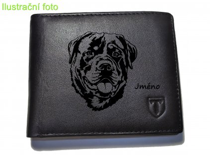 Pánská kožená peněženka černá se psem Rotvajler - volitelné jméno psa