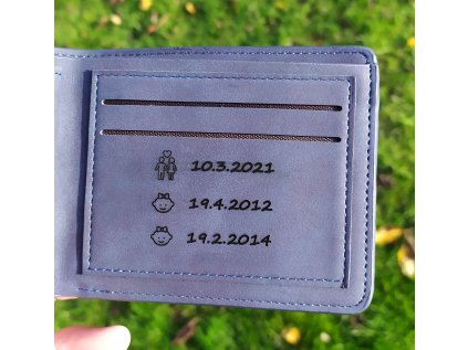 Pánská modrá peněženka s datumy na vnitřní straně peněženky