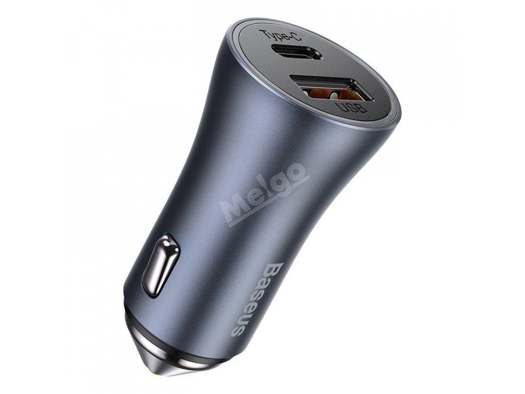Baseus Golden Contactor Pro nabíječka do auta, USB + USB-C, QC4.0+, PD, SCP, 40 W (tmavě šedá) s kabelem Type-C na iP 1 m černá