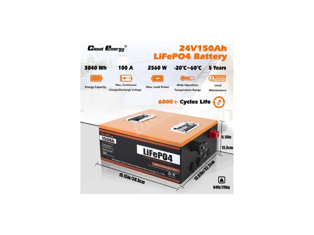 Cloudenergy 24V 150Ah LiFePO4 Batterie, integriertes 100A BMS