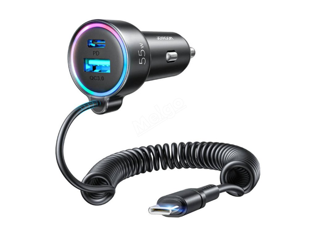 Nabíječka do auta Joyroom JR-CL07, 3 v 1, 1x USB + 1x PD, 55 W + kabel Type-C (černá)