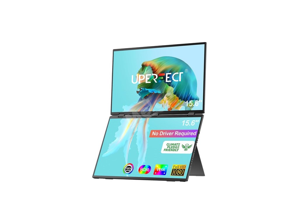 UPERFECT Delta 15.6-inch Dual Screen Portable Folding Monitor, 1920*1080 FHD IPS Screen, 60Hz Refresh Rate, 1000:1 Contrast Ratio, 360° Folding, Built-in Speaker, Built-in Stand & VESA Mountable,  2*Full-Featured Type-C, 2* mini HDMI - EU Plug