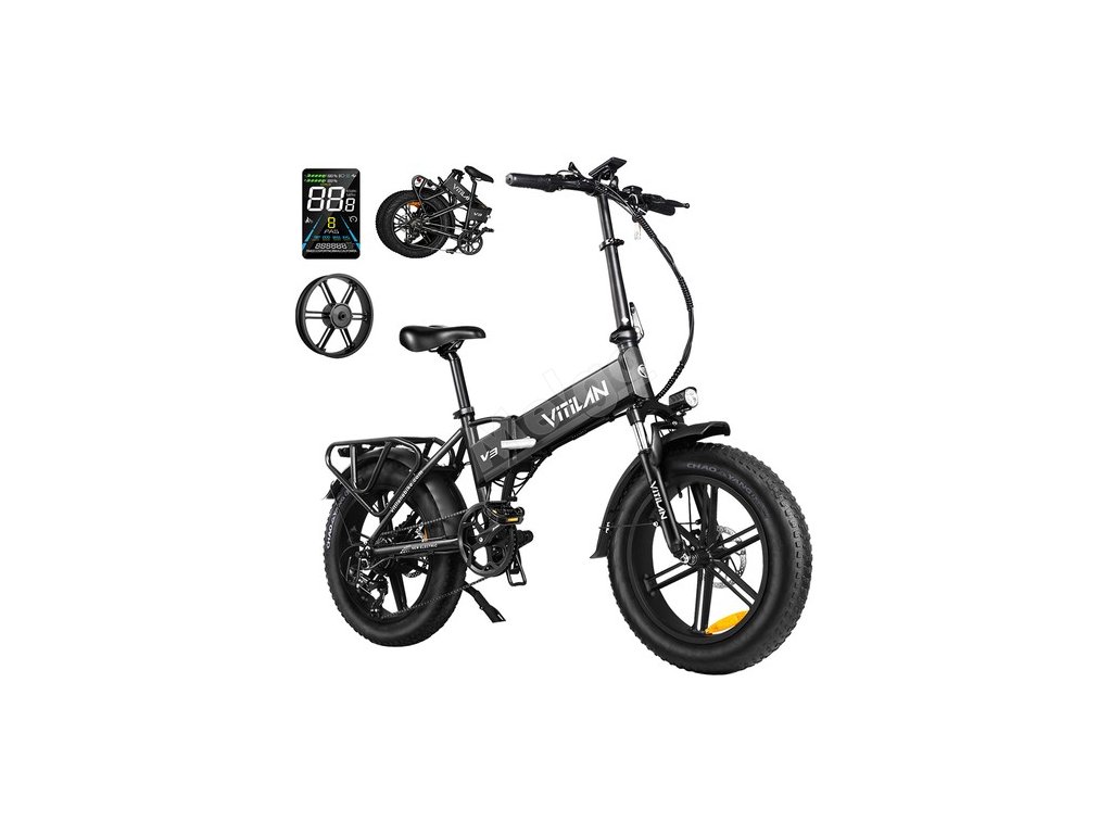 Vitilan V3 2.0 Electric Bike, 750W Motor, 48V 13Ah Battery, 20*4.0-inch Fat Tires, 45km/h Max Speed, 73km Range, Hydraulic Disc Brake, Suspension Front Fork, Shimano 7-speed, Color Display - Black