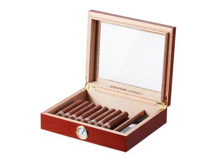 Humidor na 10–25 cigár so skleneným vekom, cédro, vlhkomer, zvlhčovač