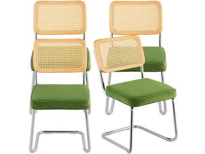 Sada 4 jedálenských ratanových stoličiek, čalúnené zamatom, zelené