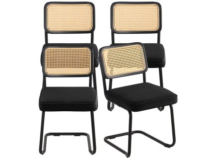 Sada 4 jedálenských stoličiek, zamat, ratanové operadlo, čierne