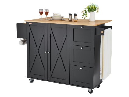 Kuchynský vozík 56" s drevenou doskou, skrinkou, zásuvkou, čierny