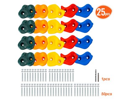 Lezecké chyty 25 ks, mix veľkostí a farieb, s montážnym setom