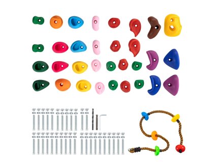 Lezecké chyty 32 ks, rôzne veľkosti, farebné, s lanom a montážou