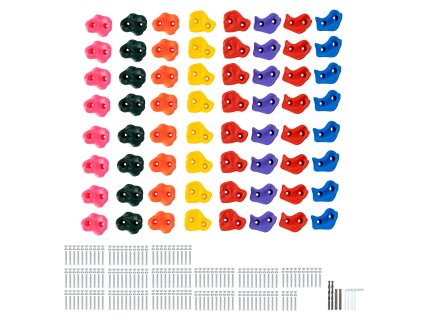 Úchyty na lezenie 72 ks, rôzne veľkosti a farby, s montážnym setom