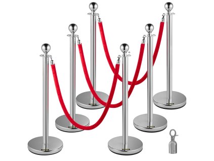 Zábradlové stĺpy 6 ks, 3×5ft červené zamatové laná, nerez, s guľou