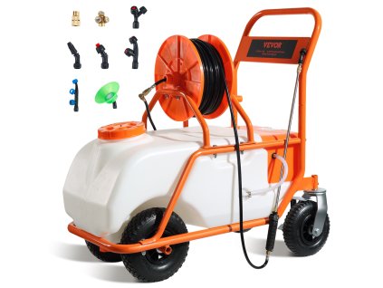 Záhradný postrekovač na kolesách, 60 l, 0–90 PSI, 8 trysiek, 2 tyče