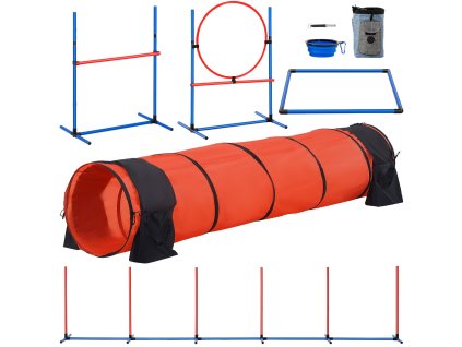 Agility set pre psy, 5 dielov: nastaviteľné prekážky, 6 tyčí, tunel