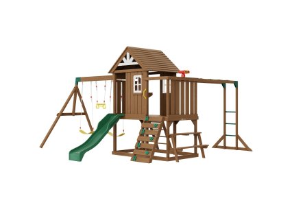 Detské drevené ihrisko 10v1, 2 hojdačky, trapez, 6FT šmyk, pieskovisko