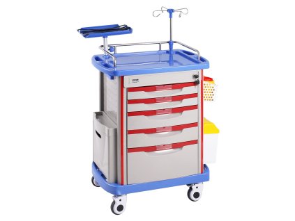 Laboratórny vozík 5 políc, 5 zásuviek, 4 tiché kolieska, 2 koše