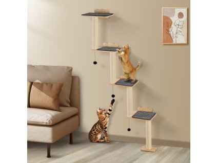 Mačací nástenný strom 4 úrovne, 4 dosky, 12 mm borovica, do 40 lbs