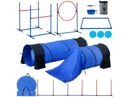 Sada agility: 7 dielna nastaviteľné prekážky, 6 tyčí, 2 tunely
