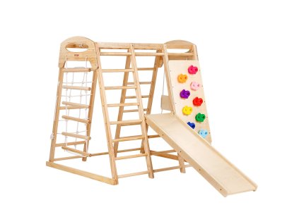 Detské vnútorné lezecké ihrisko 7v1 drevo, lano, hojdačka 47.2×58×56in