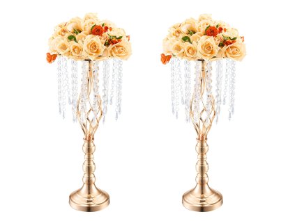 Stojan na kvetinové aranžmány 2 ks, kovový, 55 cm, zlatý, s krištáľmi