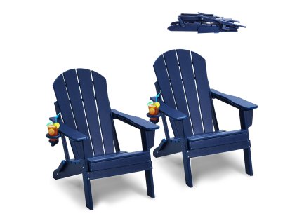 Záhradné plastové adirondack kreslá 2 ks, skladacie, s držiakom, modré