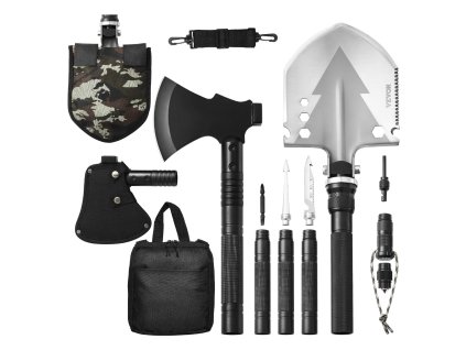 Multifunkčný skladací rýľ so sekerou 16-in-1, nerezová oceľ, kemping