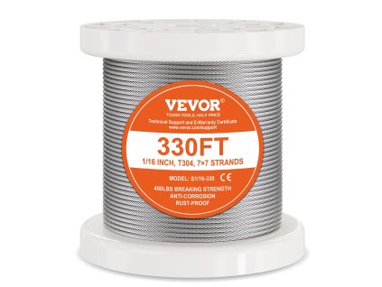 Nerezové lanko 1/16" 7×7 330 ft, 80 objímok, 20 očiek, 450 lbs