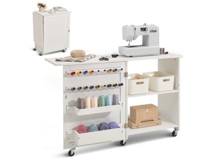 Skladací šijací stôl s kolieskami, zásuvkami, drevenými kolíkmi, biely