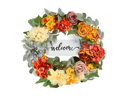 Umelý veniec 24 in, červeno-oranžovo-žltý, hortenzie/ruže, drevo