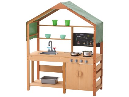 Detská drevená kuchynka na vonkajšie hranie so sporákmi a umývadlom