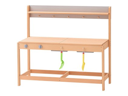 Detská drevená vonkajšia kuchynka so sporákom a drezom s doplnkami