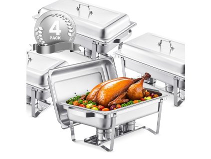 Servírovací ohrevný set nerez 8 qt, 4 plné nádoby, obdĺžnikový stojan