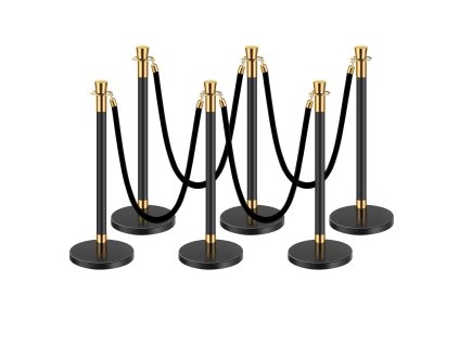 Súprava 6 stĺpikov 4 čierne sametové laná, 5 ft nerez sypaný podstavec