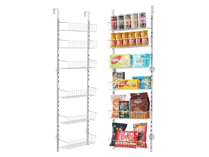 Závesný organizér na dvere, 6 políc, oceľ, nastaviteľný, biely