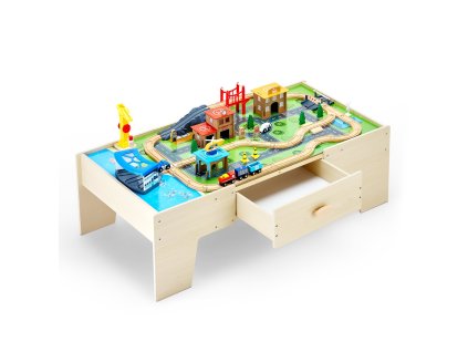 Detský drevený stôl s vláčikom, 62 dielikov, 3 v 1, zásuvka, 3+