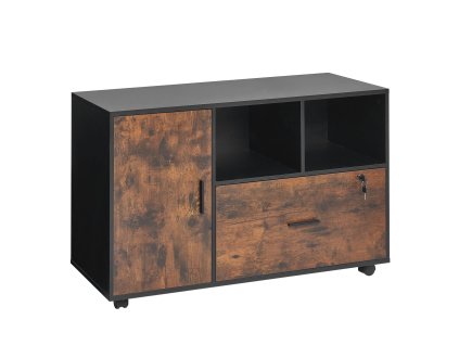 Drevená pojazdná skrinka na súbory, otvorené police, zamykateľná, hnedá