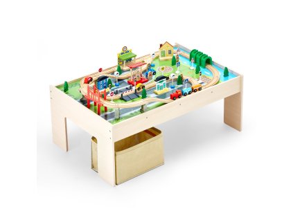 Drevený stôl pre deti s vláčikmi, 84 dielikov, úložný box, 3v1, 3+