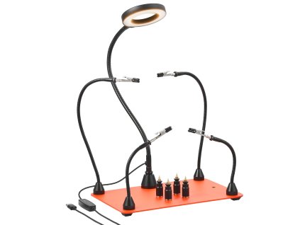 Pomocný pájací stojan s 3× led lupou, 4 ramienka, 4 držiaky, základňa