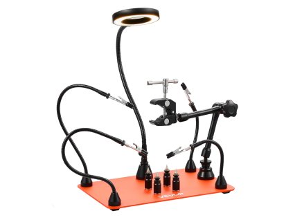 Stojan na spájkovanie, 3× led lupa, 4× pcb držiaky, 360° držiak