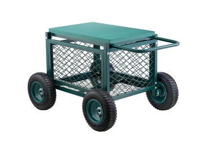 Záhradný vozík so sedadlom, kovový, na kolieskach, nosnosť 181 kg
