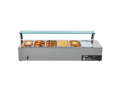 Elektrický parný ohrev jedla 1500 W, nerez, sklenené veko, 6×1/3 panvy