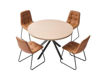 Jedálenský 5-dielny set: okrúhly stôl a 4 oranžové čalúnené stoličky